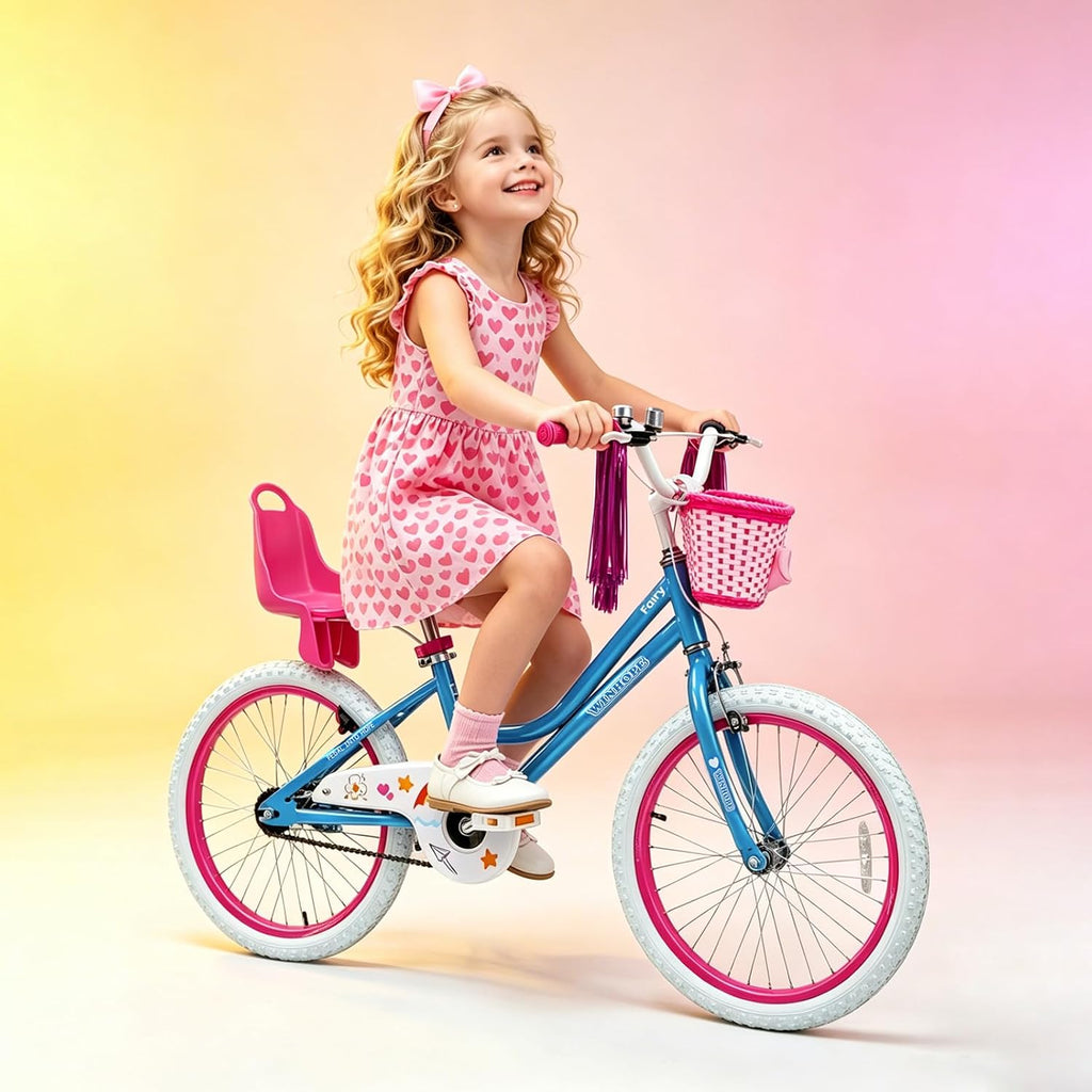 WinHope Girls Bike with Doll Seat, 12 14 16 18 20 Inch Kids Bike for 2-12 | Dual Brake with Training Wheels / Kickstand & Streamers Birthday Gift for Toddler Outdoor Riding, Multiple Colors