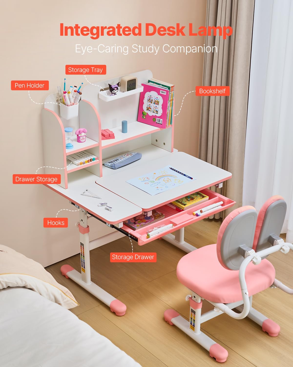 VEVOR Kids Study Chair and Desk Set, Study Desk and Chair for Kids with Bookshelf & Storage Drawer, Adjustable Height & 0-40° Tilted Desktop Desk and Chair, Study Table for Bedroom & Study Room, Pink