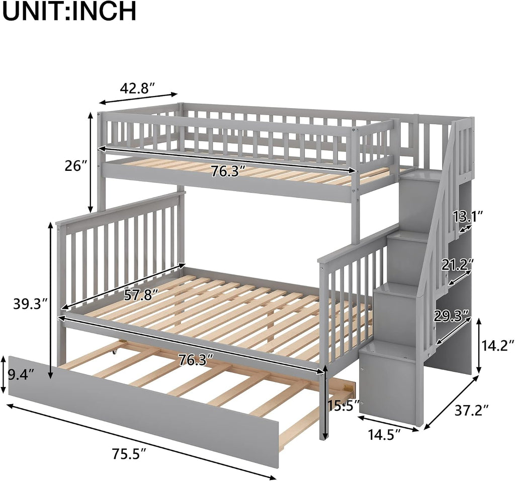Harper & Bright Designs Bunk Beds Twin Over Full Size, Solid Wood Bunk Bed with Trundle for Kids