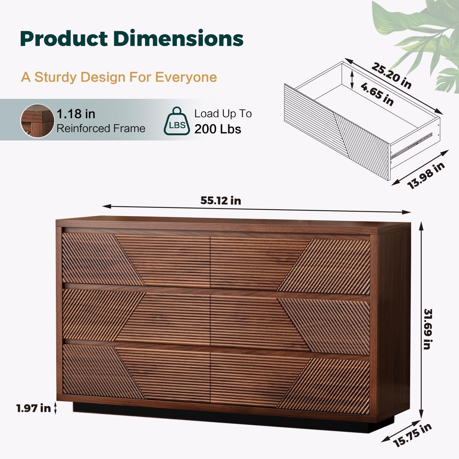 Ieejdn 55.12' Modern Chest of Drawer, 6 Deep Drawers,Clothes Organizer,Large Storage Cabinet for Living Room, Bedroom,Dresser TV Stand, Wood Drawer Organizer for Living Room, Hallway, Umber