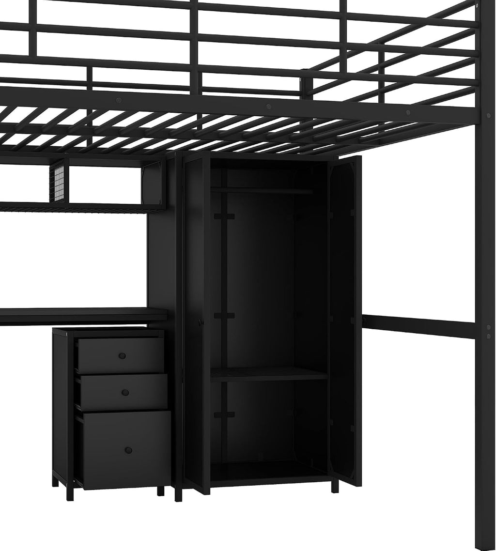 Full Size Loft Bed with Table Set, Wardrobe and Drawers, Metal Loft Bed Frame with Storage Staircase and Full-Length Guardrail for Kids Teens Boys Girls Adults Bedroom (Black-04)