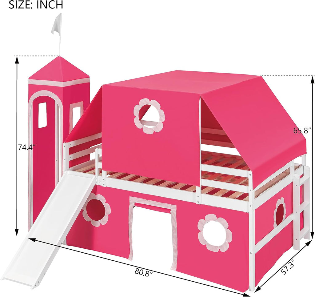 Pink Loft Bed with Slide and Play Tent Full Size Castle Themed Kids Bed with Tower Playhouse Design for Girls Bedroom Furniture