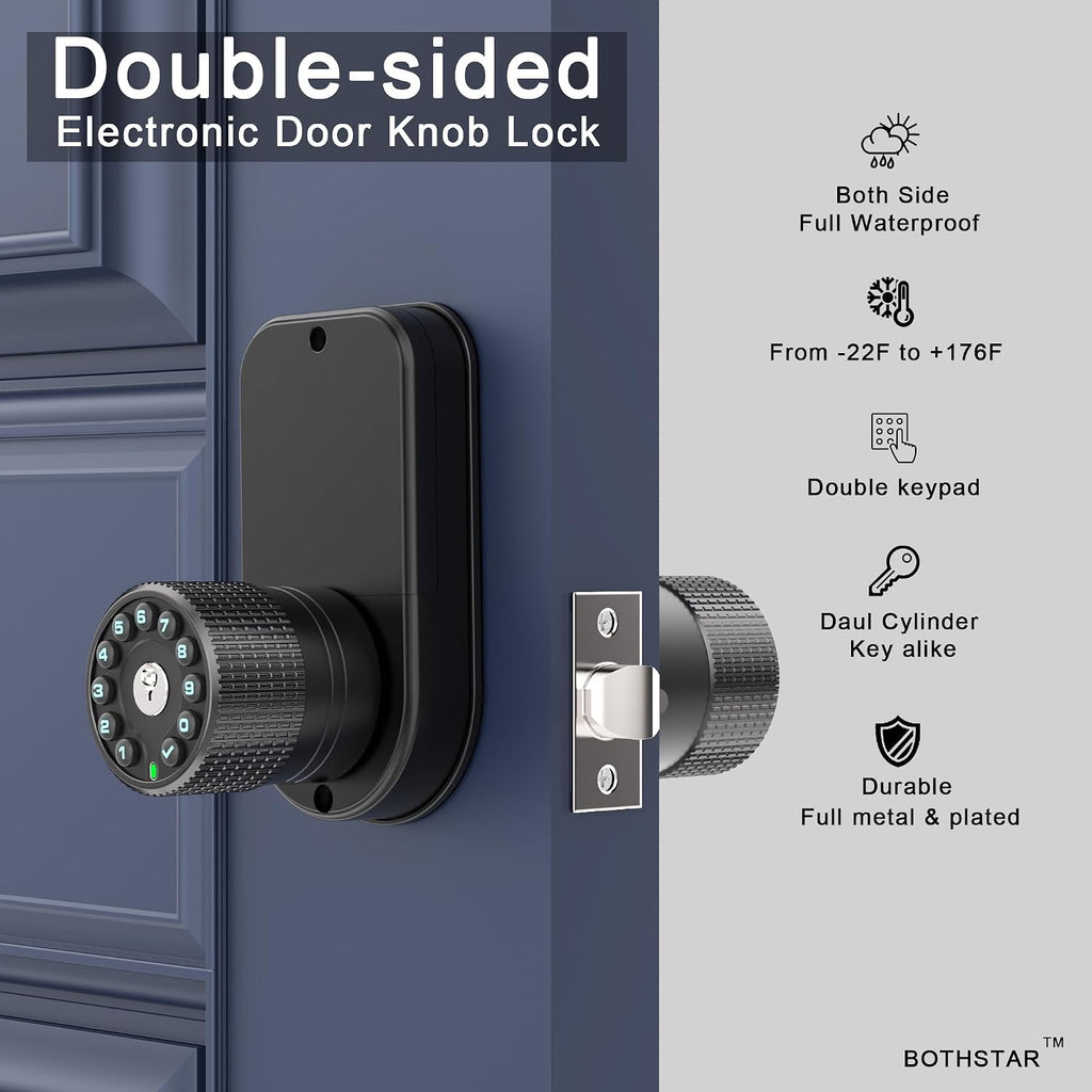 BOTHSTAR Keypad Door Knob with Key,Keyless Entry Door Lock, Code Locks Door Knob, Auto Lock,50 User Code,Easy to Install,for Home,Office,Bedroom,Garage,No Deadbolt, YJ22-BK, Double Sided Matte Black