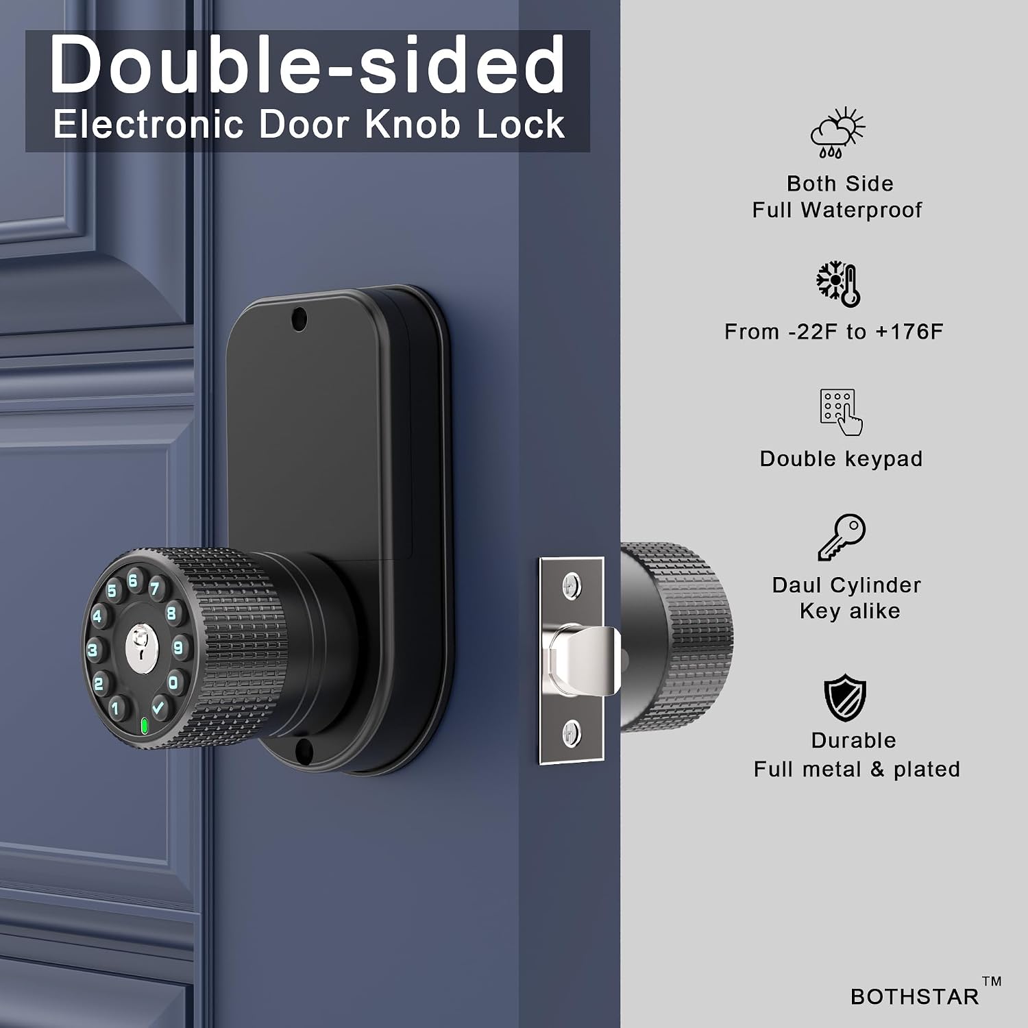 BOTHSTAR Keypad Door Knob with Key,Keyless Entry Door Lock, Code Locks Door Knob, Auto Lock,50 User Code,Easy to Install,for Home,Office,Bedroom,Garage,No Deadbolt, YJ22-BK, Double Sided Matte Black
