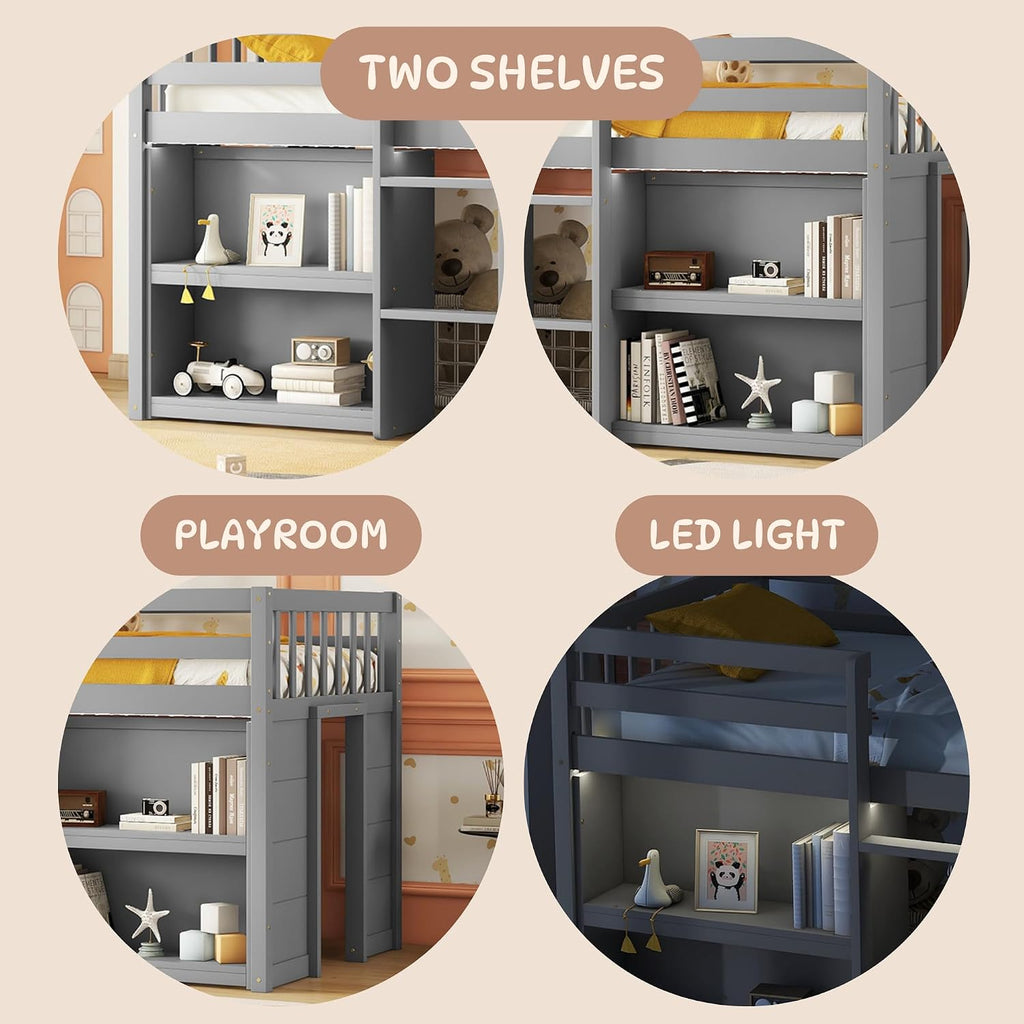 Twin Size Low Loft Bed with Two-Tier Shelves, Multifunction Wood Loft Bed Frame with Built-in Stairs, Storage Underneath, Sturdy Slats Support, Space Saving Loft Bed for Kids Boys Girls (Gray * 01)