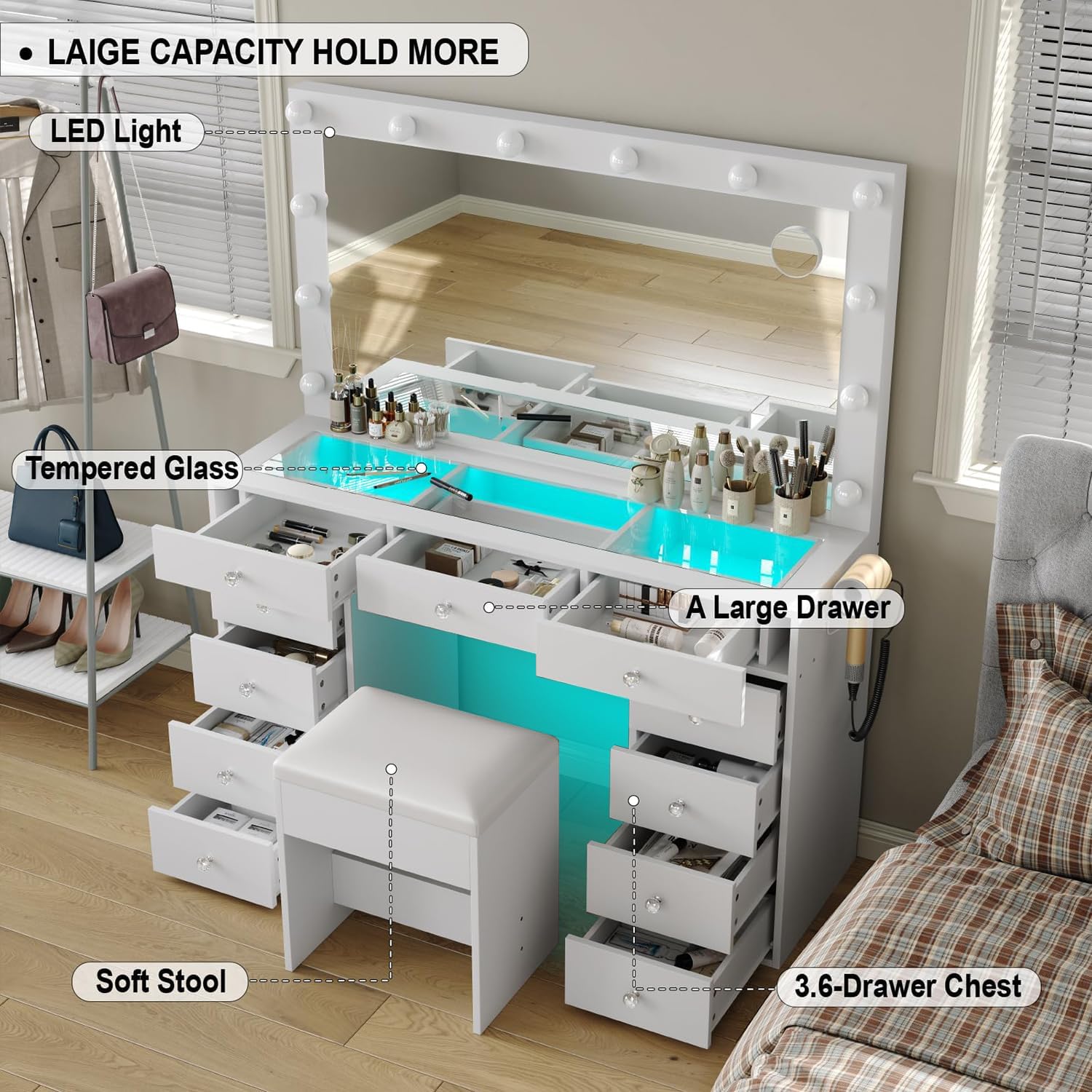 Makeup Vanity Desk with RGB Lights and Large 47.2'' Mirror, 11 Drawers Makeup Vanity with Lighted Mirror, 3 Color Option, Brightness Adjustable, Make Up Vanity with Charging Station Woman, White