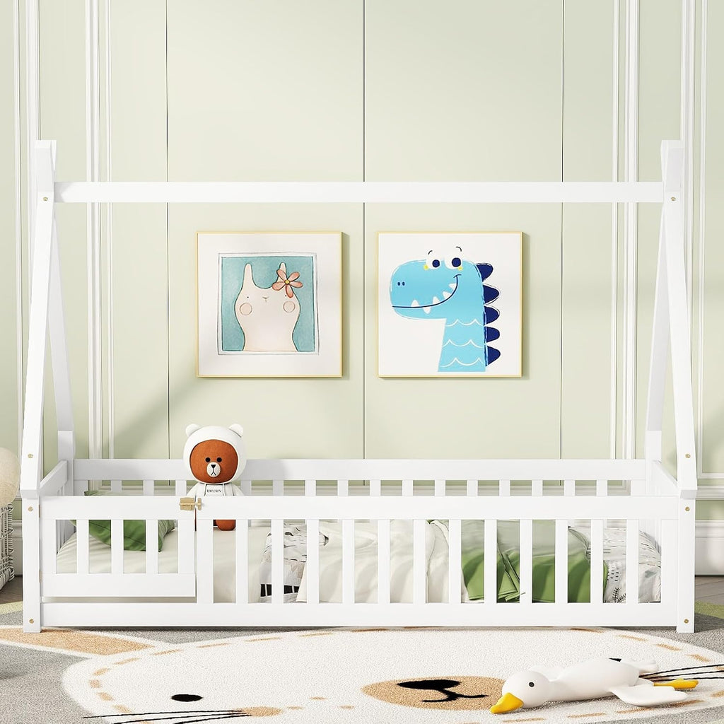 Bellemave Twin Size Tent Floor Bed for Kids,Solid Wood Teepee Montessori Floor Bed Frame with Door and Slats for Girls Boys(Twin,White)