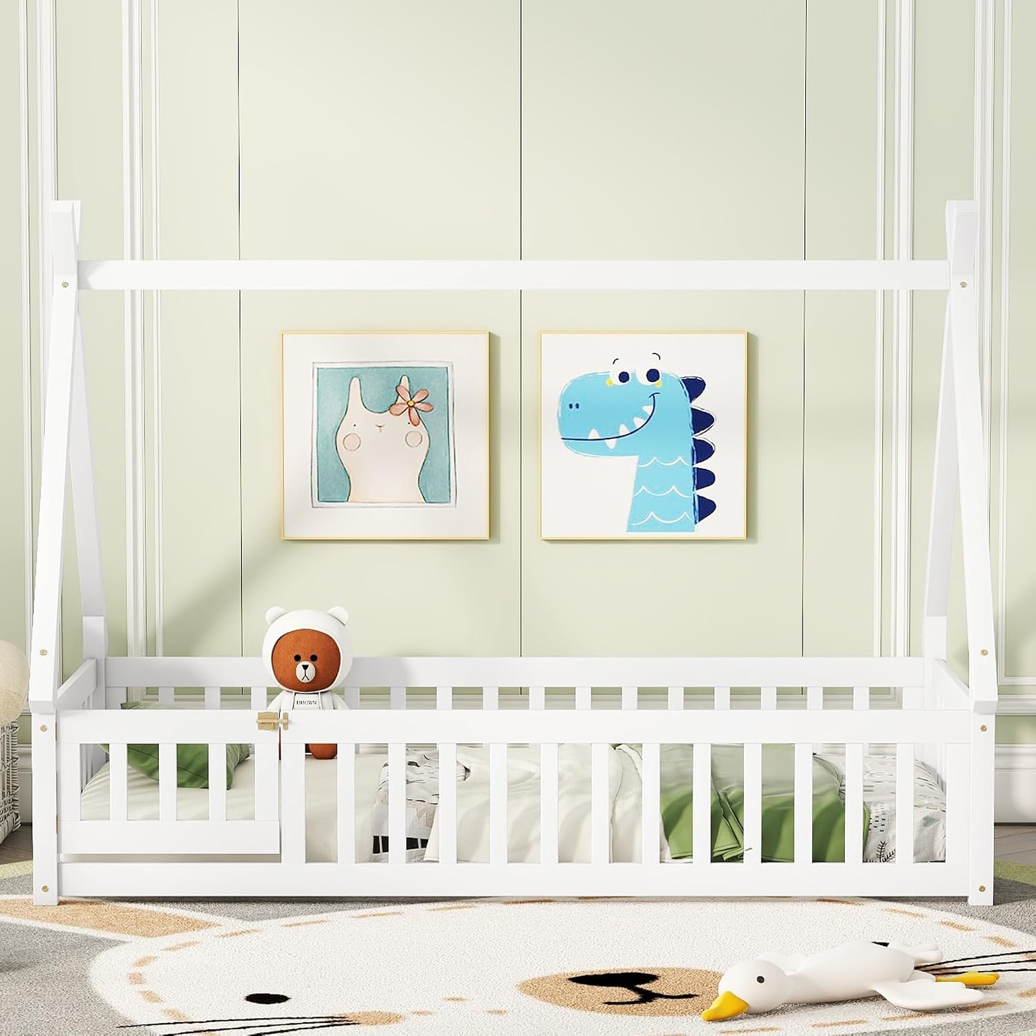 Bellemave Twin Size Tent Floor Bed for Kids,Solid Wood Teepee Montessori Floor Bed Frame with Door and Slats for Girls Boys(Twin,White)
