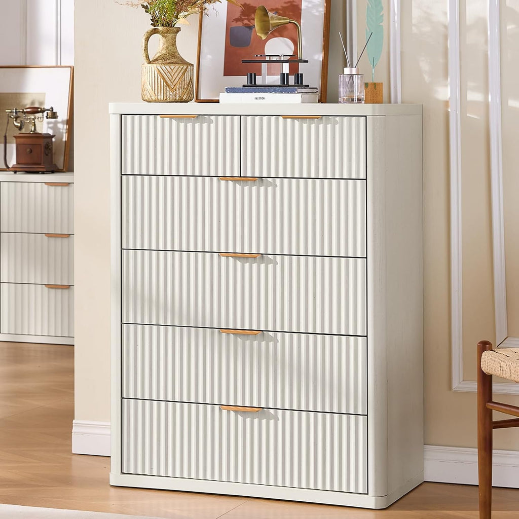 LEYAOYAO Fluted 6 Drawers Dresser for Bedroom Set of 2, 42' Tall Modern Chest of Drawers with Metal Handle, Curved Profile Design,Wood Drawer Organizer for Bedroom, Living Room,Antique White