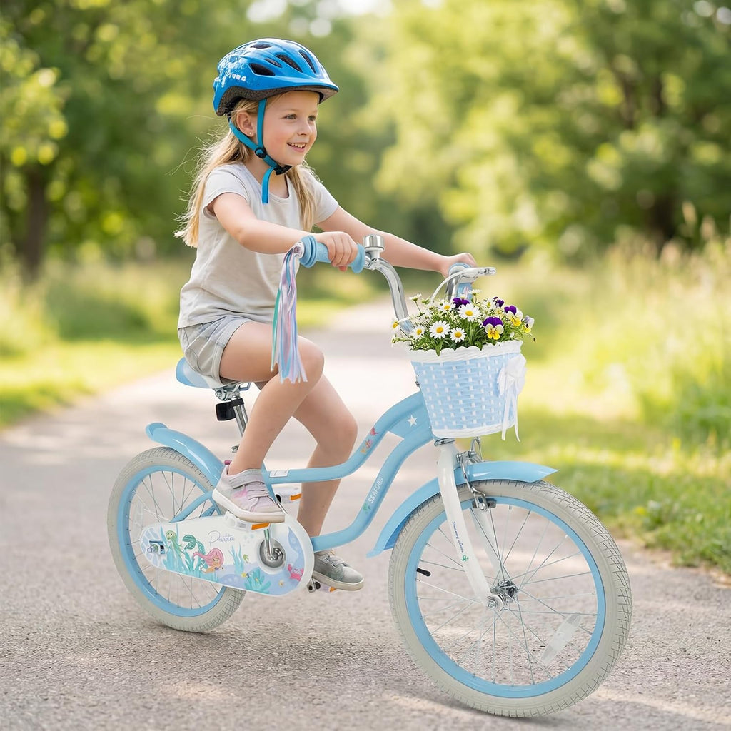 Olakids Kids Bike, 12 14 16 18 20 Inch Mermaid Theme Girls Bicycle with Training Wheels Basket Adjustable Seat and Handlebar Dual Brake