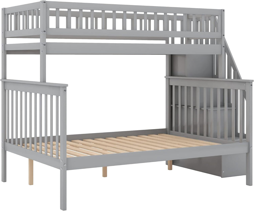 Harper & Bright Designs Wooden Bunk Bed with Stairs Twin Over Full Bunk Bed with Storage and Guard Rail for Kids Teens Adults (Gray)