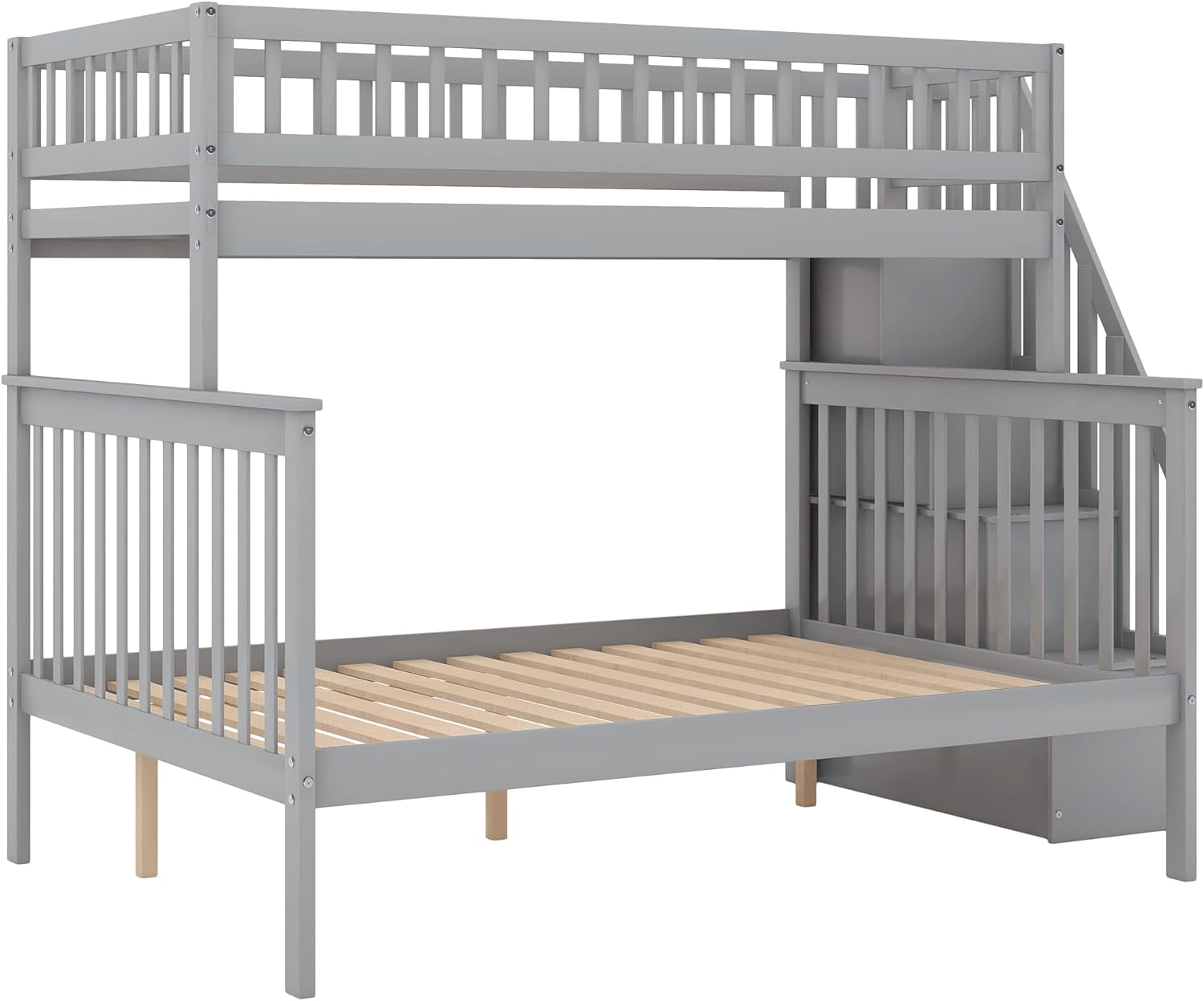 Harper & Bright Designs Wooden Bunk Bed with Stairs Twin Over Full Bunk Bed with Storage and Guard Rail for Kids Teens Adults (Gray)