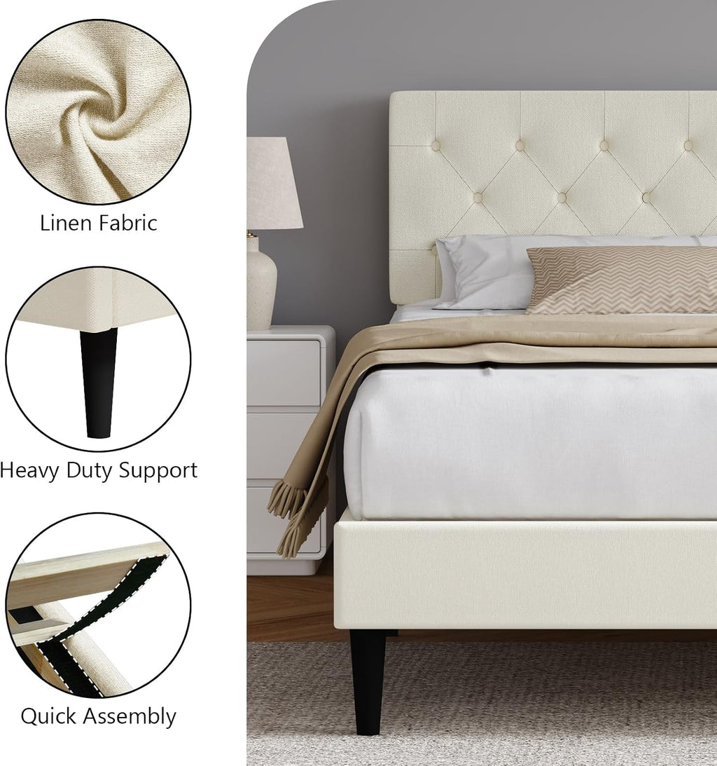 HOMBCK King Size Bed Frame, Linen Fabric Upholstered Bed Frame King Size with Headboard, Wood Slats Support, Button Tufted Design, No Box Spring Needed, Cream
