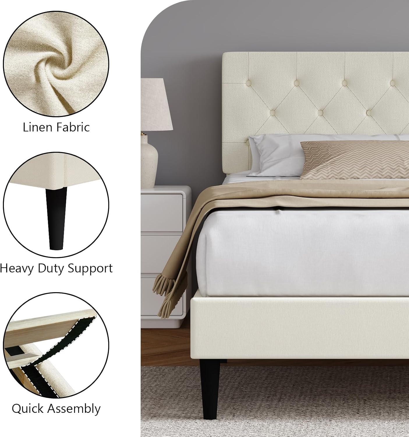HOMBCK King Size Bed Frame, Linen Fabric Upholstered Bed Frame King Size with Headboard, Wood Slats Support, Button Tufted Design, No Box Spring Needed, Cream
