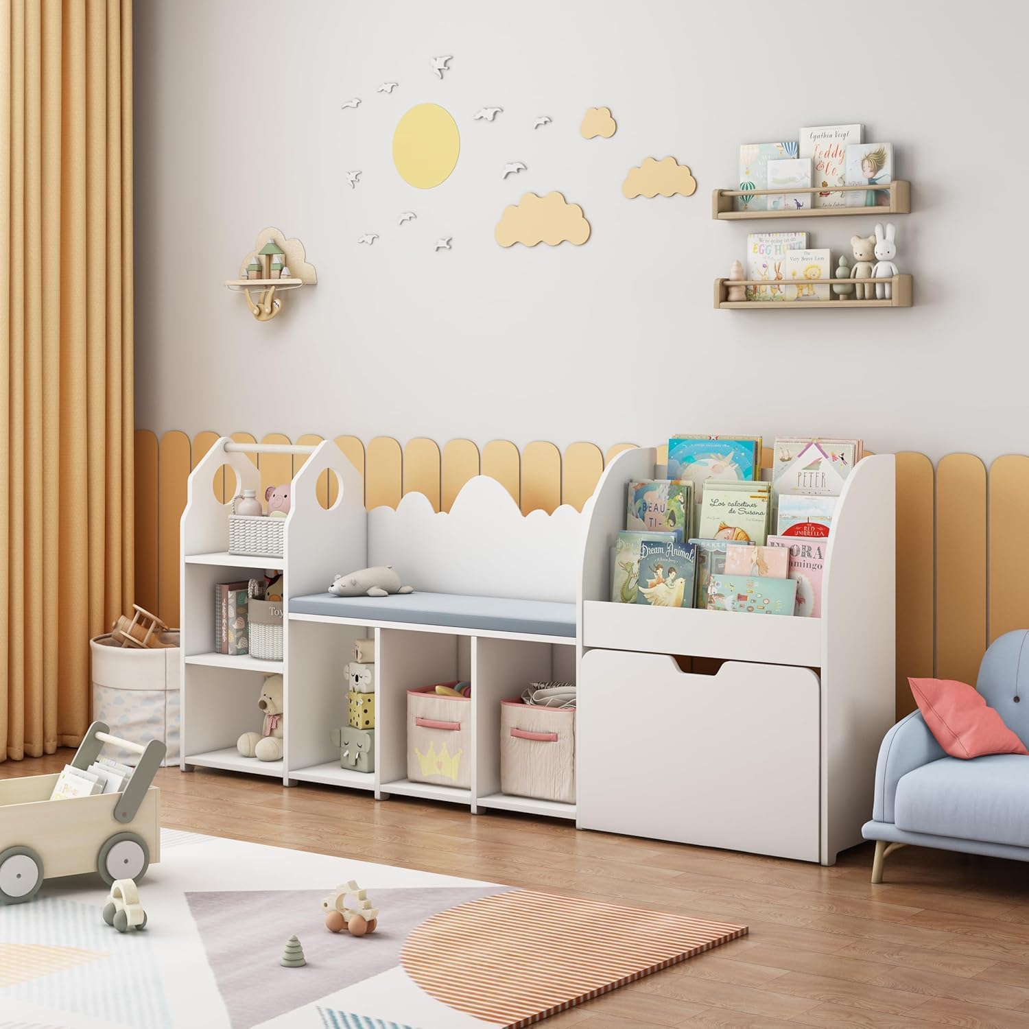 67' Kids Reading Nook with Bench, Children Toy Storage Organizer with Seat Cushion, 6 Storage Cubbies, Movable Drawers,Kid Bookshelf and Bookcase for Playroom, Bedroom, School, Ivory White