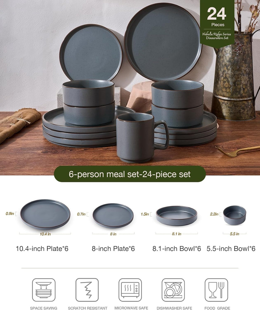 Famiware Nebula Ridge Stoneware Dinnerware Sets with Pasta Bowls, Plates and Bowls Sets, Service for 6 (24 Pieces), Microwave and Dishwasher Safe Kitchen Plates, Charcoal