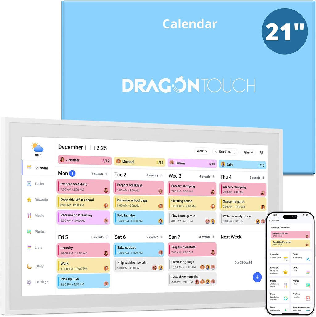 Dragon Touch 21.5 inch Digital Calendar Chore Chart – Interactive Touchscreen, Smart Family Planner, Hearth Display Desk Digital Calendar Seamless Scheduling