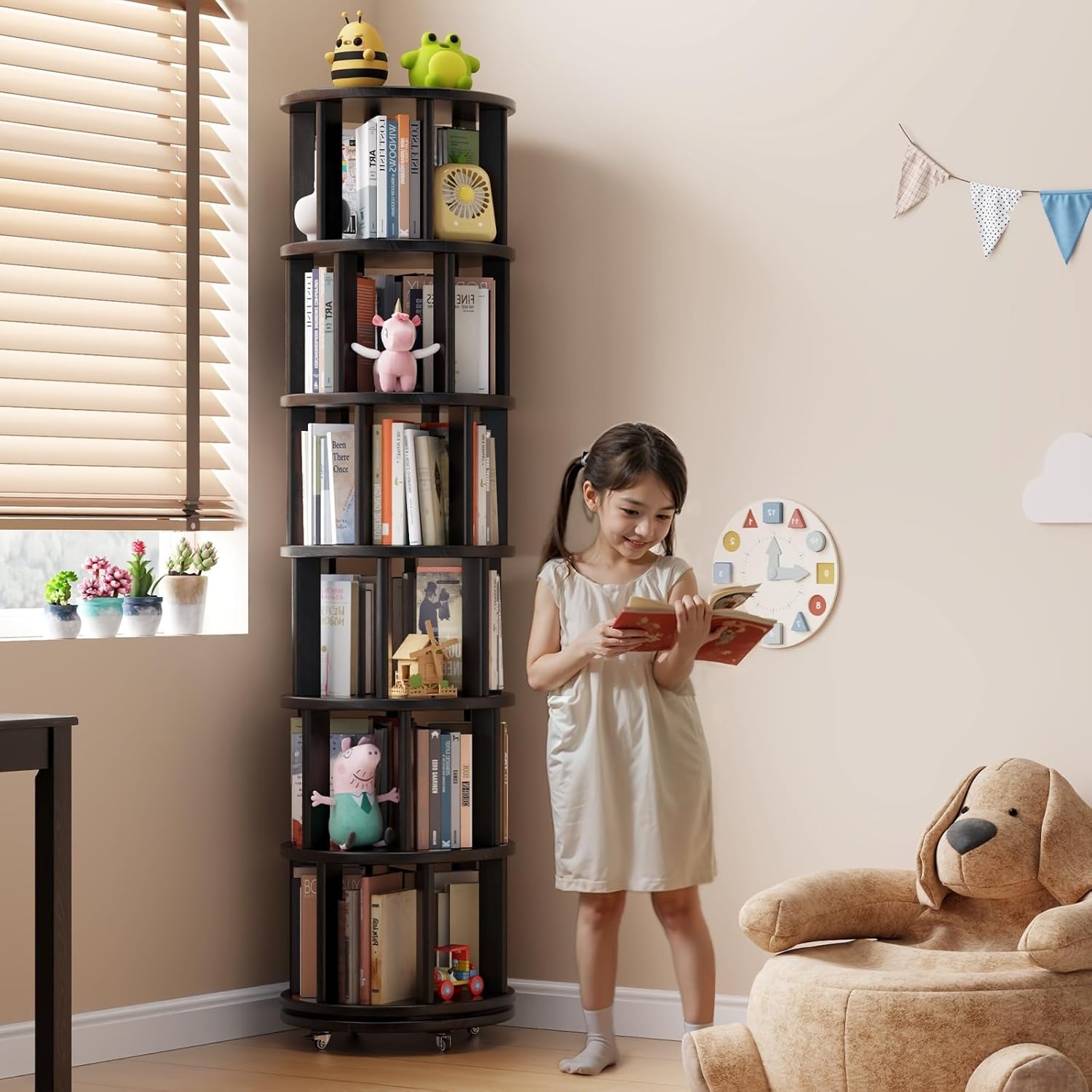 Muwuele Solid Wood Rotating Bookshelf on Wheels, 6 Tier, Round Revolving Bookcase, 360° Spinning Book Shelf Tower for Kids, Narrow Rolling Bookshelves for Small Space, Corner, Bedroom, Office, Black
