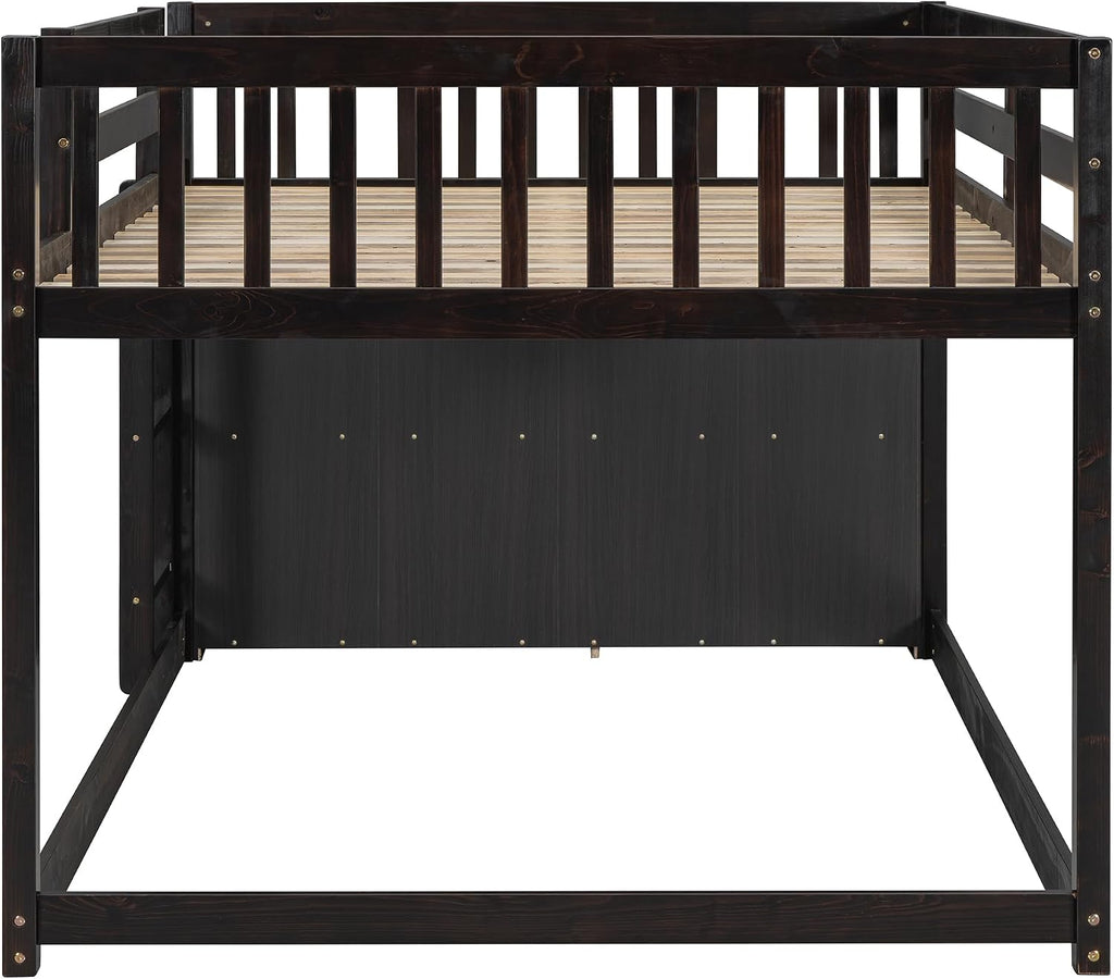 Merax Full Over Full Bunk Bed with 4 Storage Drawers and 3 Shelves, Wooden Floor Bunk Bedframe with Guardrail & Ladders, No Box Spring Needed, Easy Assembly