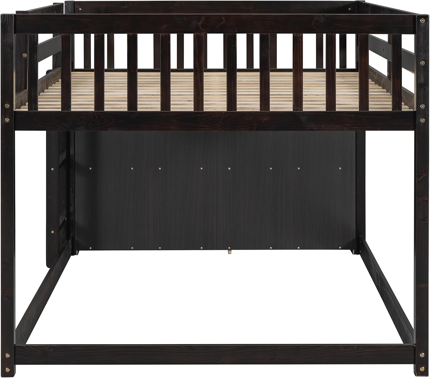 Merax Full Over Full Bunk Bed with 4 Storage Drawers and 3 Shelves, Wooden Floor Bunk Bedframe with Guardrail & Ladders, No Box Spring Needed, Easy Assembly