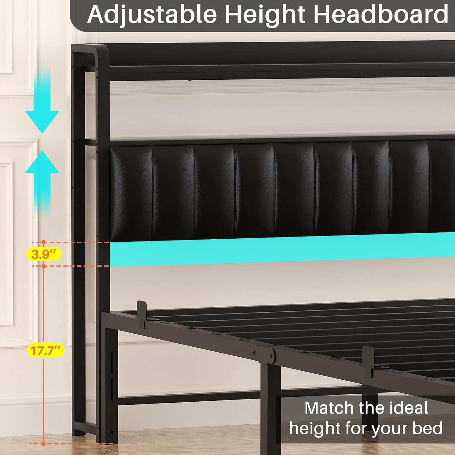 Homieasy Queen Bed Frame with Charging Station, Adjustable Upholstered Faux Leather Headboard, Industrial Platform Bed with LED Lights, Steel Slat Support, No Box Spring Needed, Black