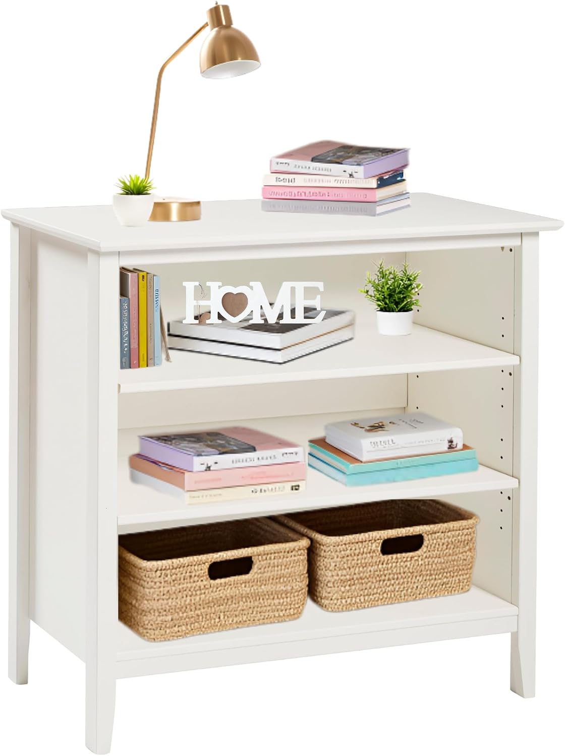 Simplicity Transitional Children's Under Window Bookshelf in White, Anti-tipping Hardware, Durable Brazilian Pine & Pine Veneer, Adjustable Shelves, Safety Standards, Modern