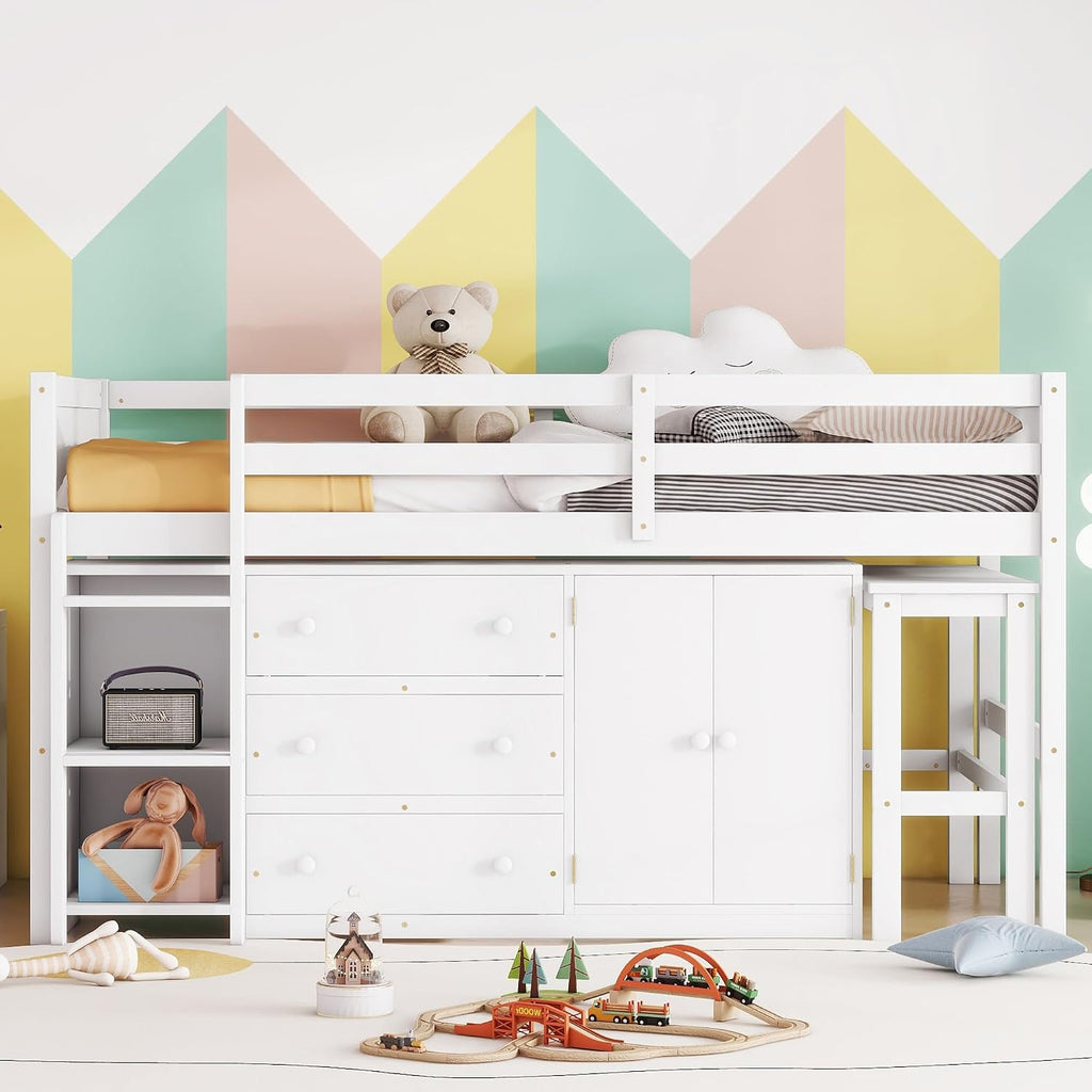 JIVOIT Twin Size Low Loft Bed with Retractable Desk, Multifunction Loft Bed with 3 Drawers, Cabinet and Shelves, Space Saving Wood Bed Frame for Kids Boys Girls (White * 02)