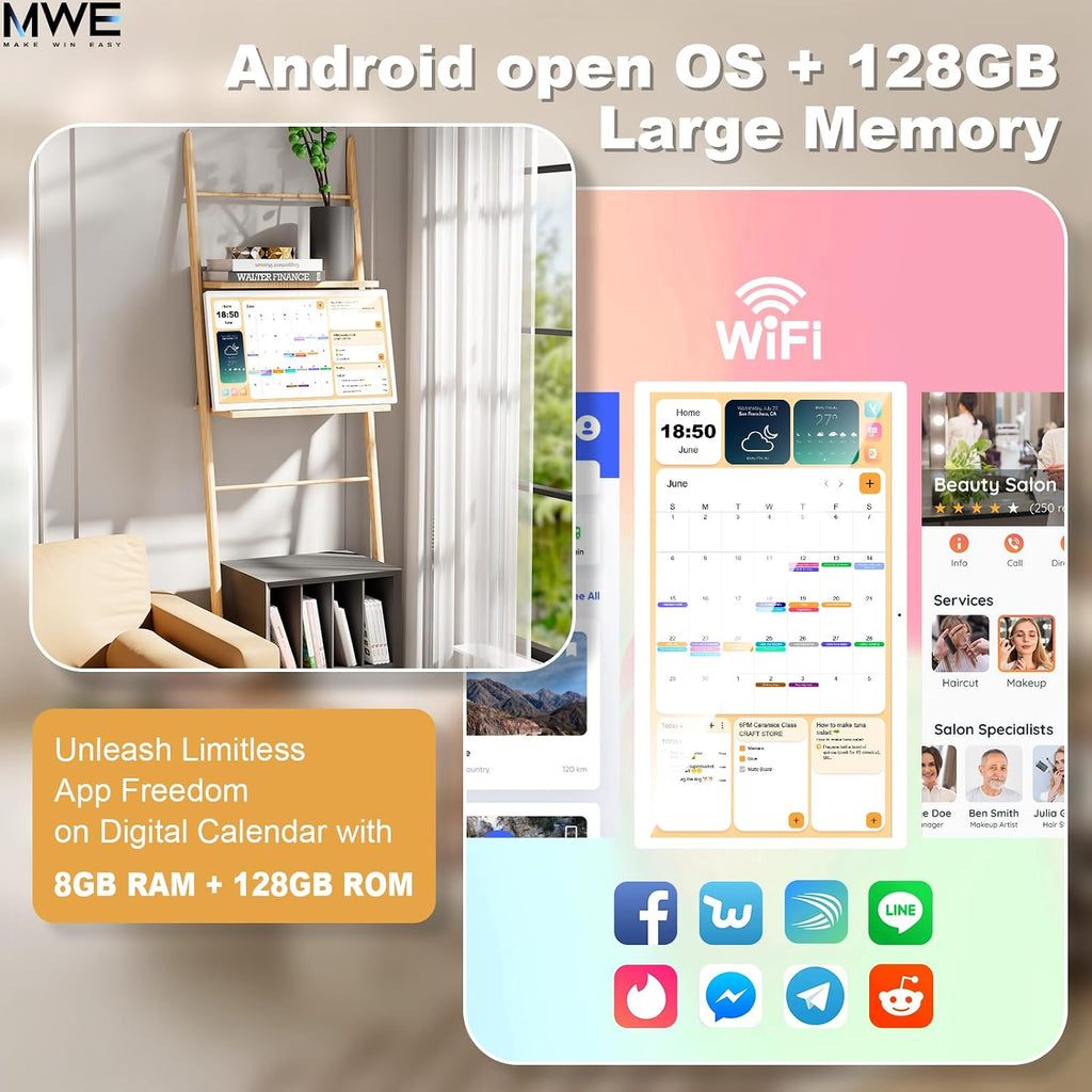 MWE 32 Inch Touchscreen Digital Calendar, Wall Planner, Desktop Smart Electronic Calendar, 8GB+128GB Android 13, Supports Google Play Apps, Office Desk Assistant & Family Schedules, Wall/Desk Stand