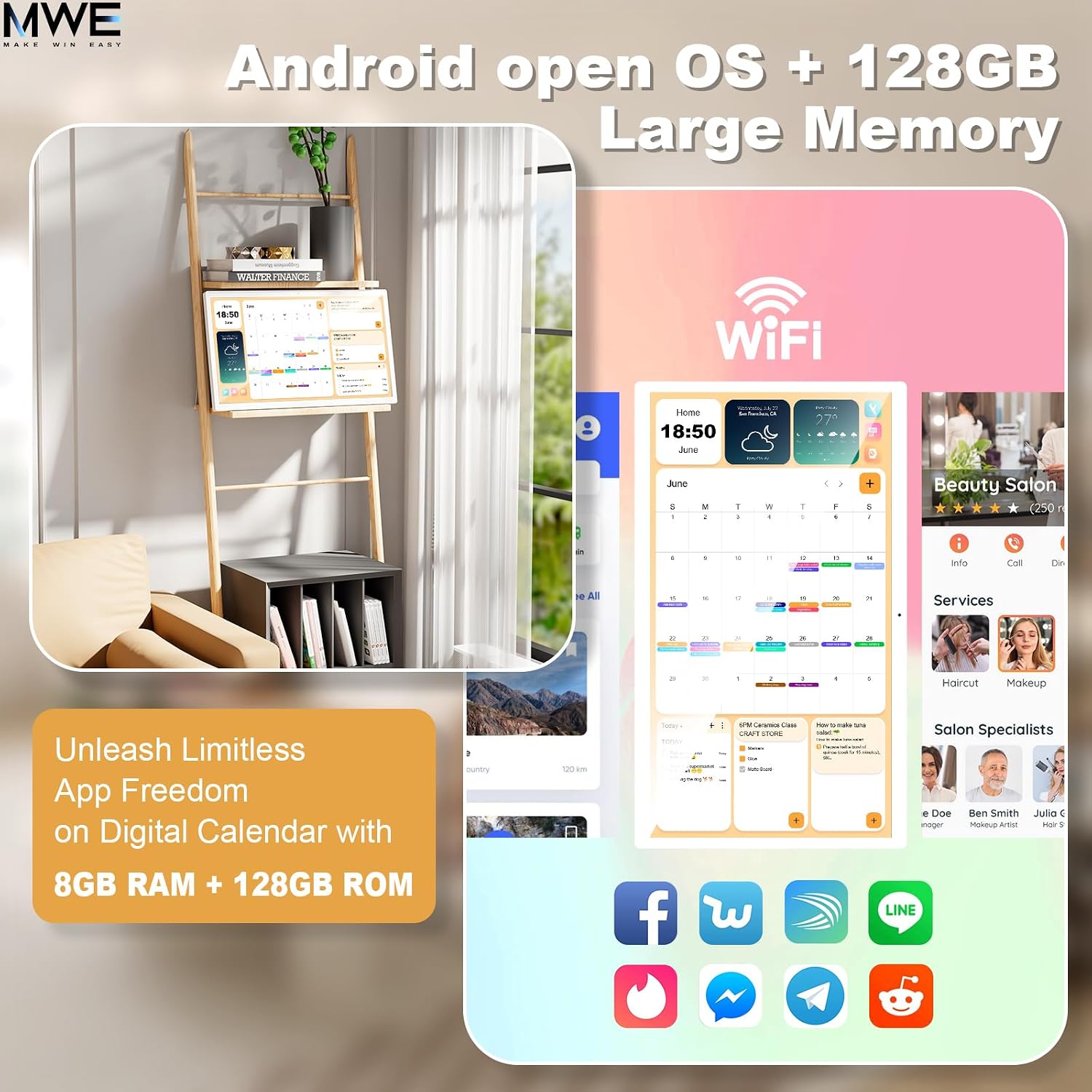 MWE 32 Inch Touchscreen Digital Calendar, Wall Planner, Desktop Smart Electronic Calendar, 8GB+128GB Android 13, Supports Google Play Apps, Office Desk Assistant & Family Schedules, Wall/Desk Stand