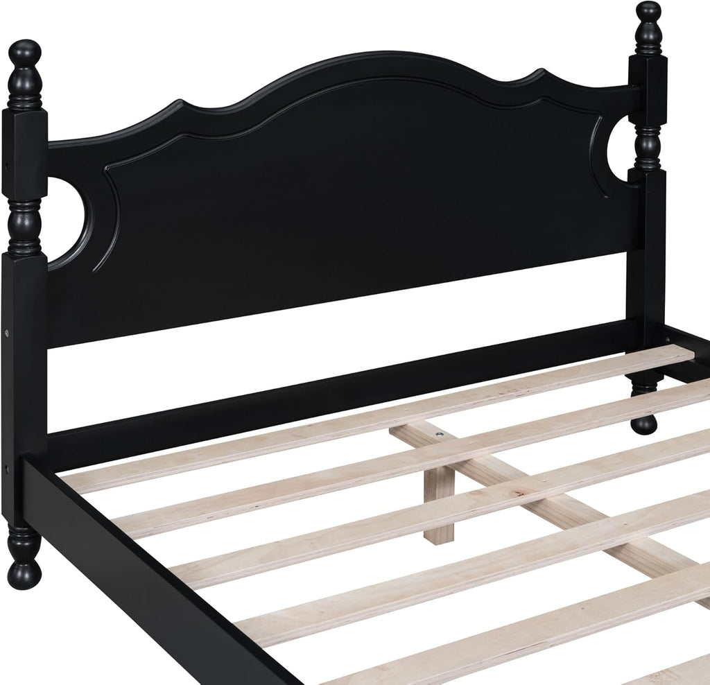 Merax Modern Solid Wood Platform Bed with Headboard,Mid Century Full Bed Frame/Wood Slat Support/Full Black