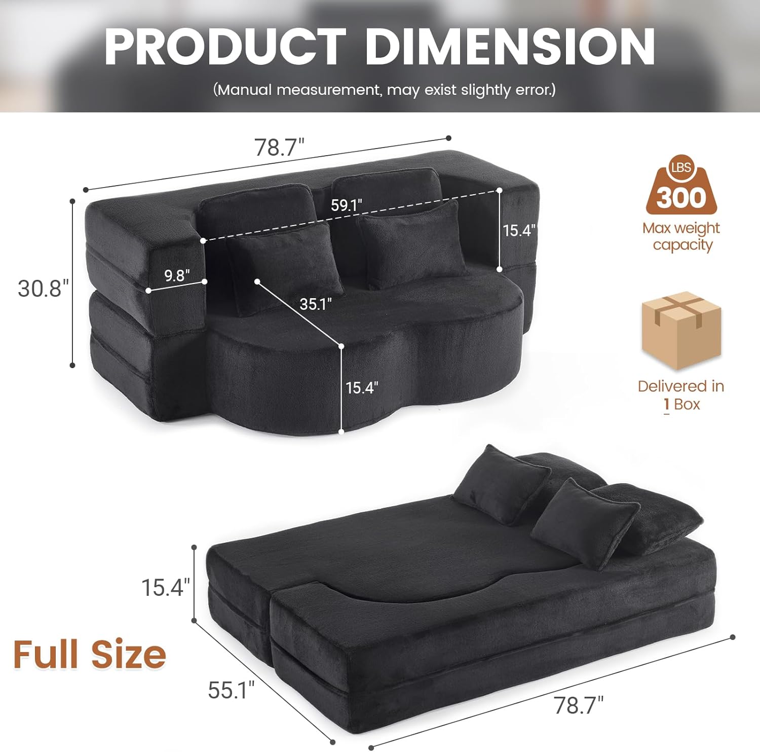 Convertible Folding Sofa Bed, 78' Full Size Loveseat Sleeper Sofa, Chenille Foldable Boneless Floor Couch with 4 Pillows for Guest Living Room Bedroom, No Assembly Required (Black)