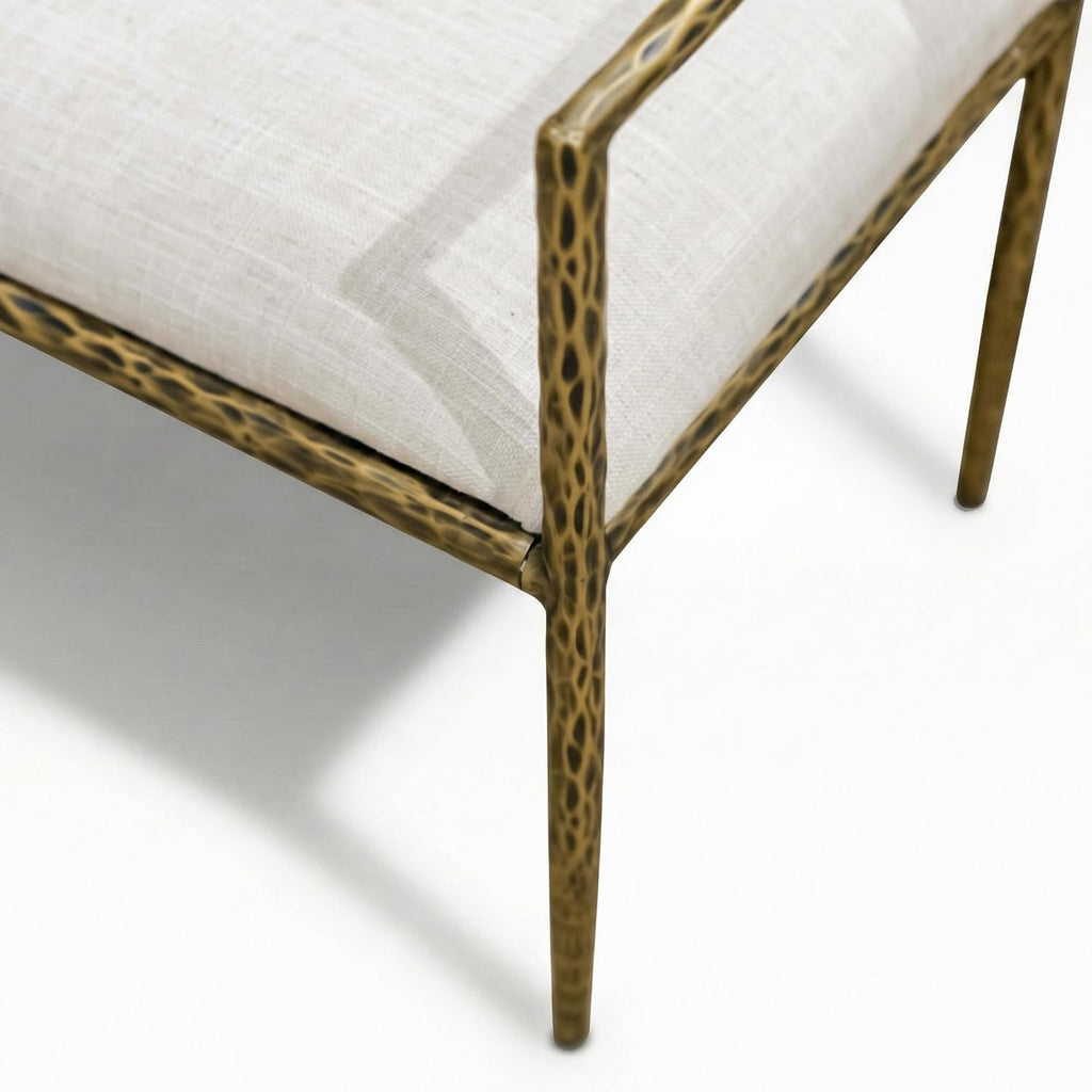 24/7 Shop at Home Lalia Hammered Metal 3-Piece Bedroom Collection, Upholstered Bed Frame with Beige Fabric Headboard, Forged Steel, Bench and 1-Shelf Nightstand, Foundation Required, Full, Matte Gold