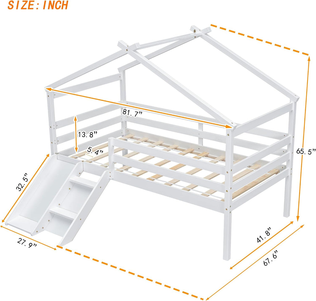 JIVOIT Twin Size Low Loft Bed with Slide and Ladder, House Loft Bed with Safety Guardrails, Capacious Space Under Bed, House Roof Frame for Kids Teens Girls Boys (White * 098)