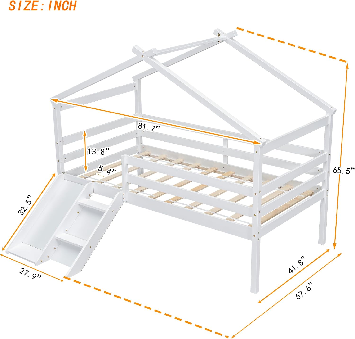 JIVOIT Twin Size Low Loft Bed with Slide and Ladder, House Loft Bed with Safety Guardrails, Capacious Space Under Bed, House Roof Frame for Kids Teens Girls Boys (White * 098)