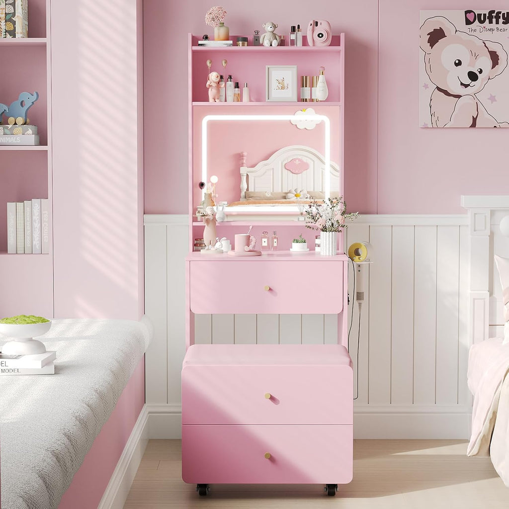Vabches Small Vanity Desk Set with 3 Adjustable Lighted Mirror and Storage Chair, Vanity Set with Charger Station, Small Spaces Vanity Table for Bedroom，Pink
