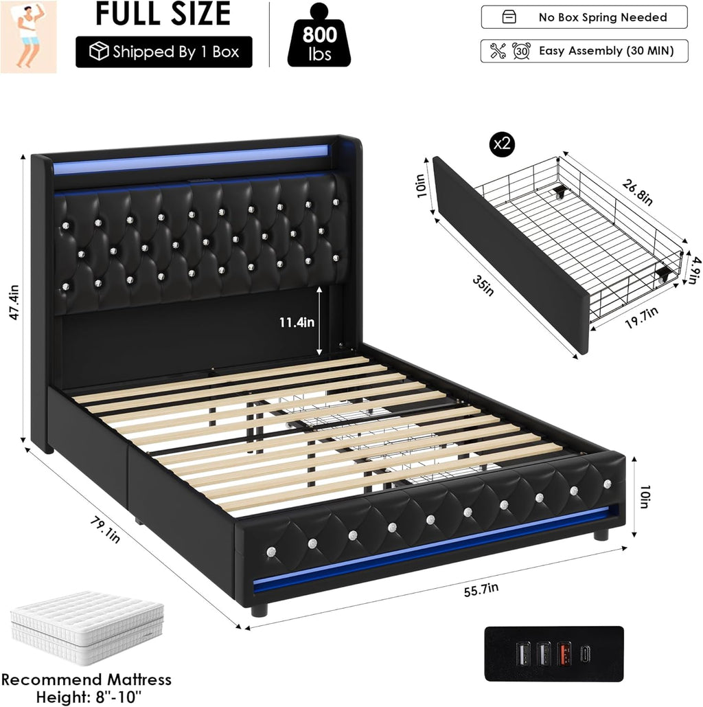 HIFIT Full LED Bed Frame with Charging Station and 2 Storage Drawers, PU Upholstered Platform Bed with Handcrafted Crystal Button Wingback Headboard, Metal Frame with No Box Spring Needed, Black