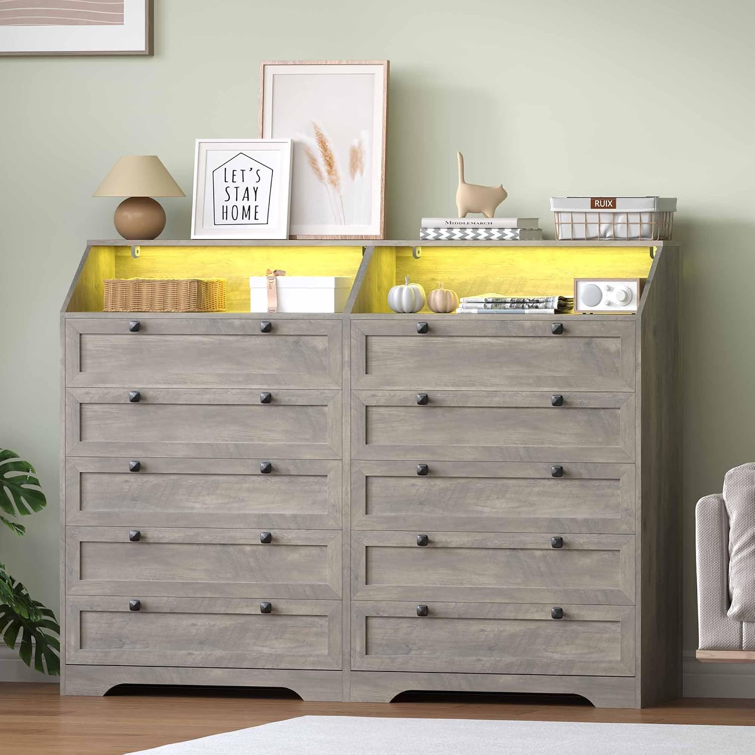 Wodeer Grey Dresser Tall 5 Drawer Dresser for Bedroom, Wood Chest of Drawers with LED Lights, Charging Station, Metal Handles, Modern Storage Cabinet and Organizer Drawers for Living Room, Hallway