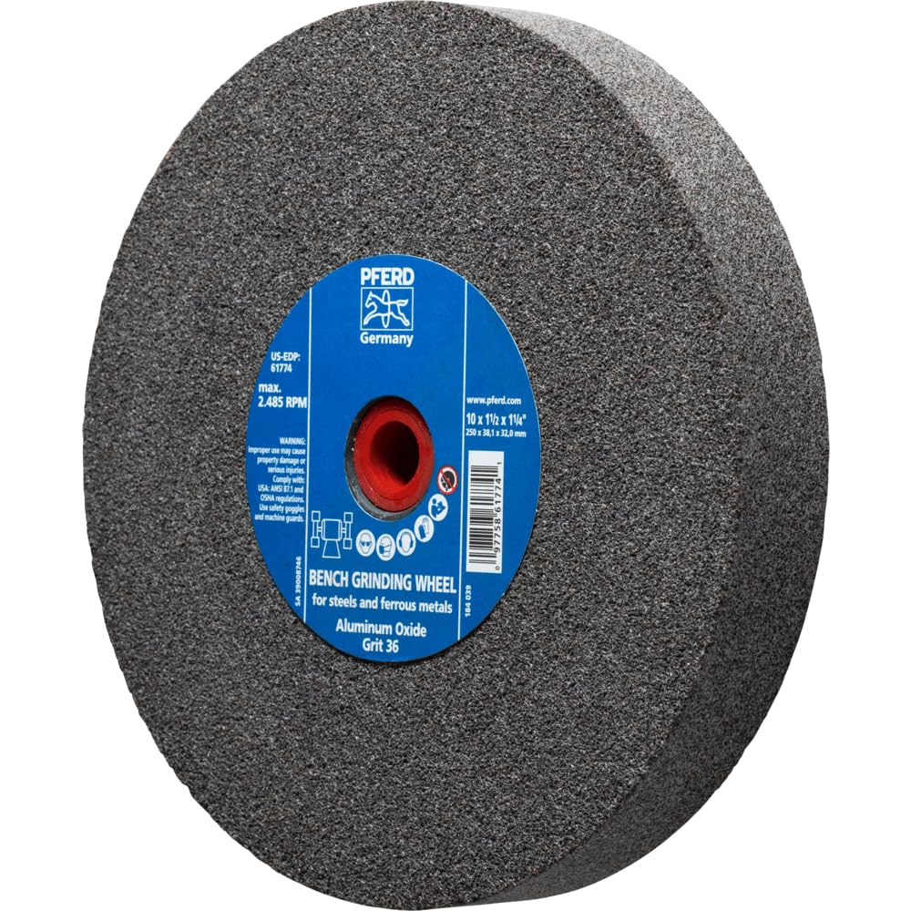 Pferd Bench Grinding Wheel – 10' x 1-1/2', 36 Grit, Aluminum Oxide – 1-1/4' Arbor, Max 2485 RPM – Part 61774