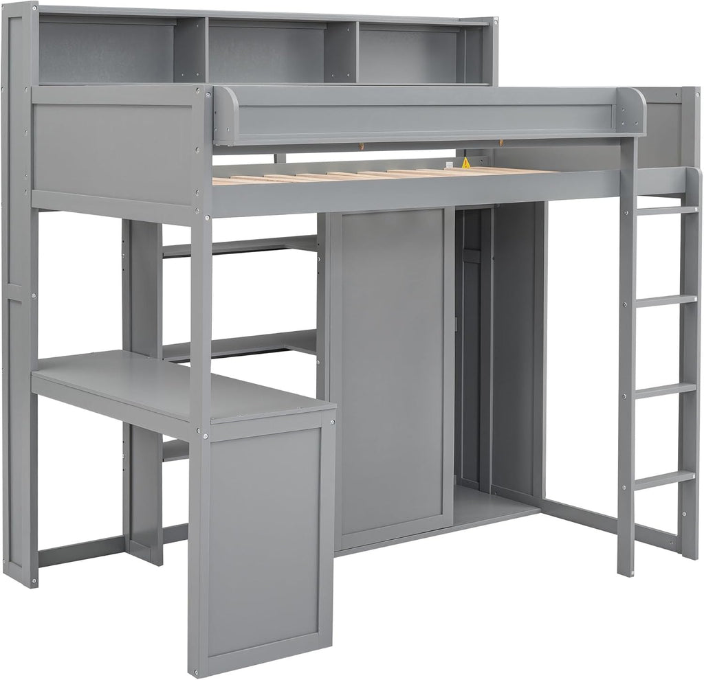 Wood Twin Size Loft Bed with Storage Shelves and Wardrobe,Bedroom Multifunctional Bed Frame w/Integrated Ladder/Full-Length Guardrails/3 Cabinets,for Kid Boy Girl Teen,Grey