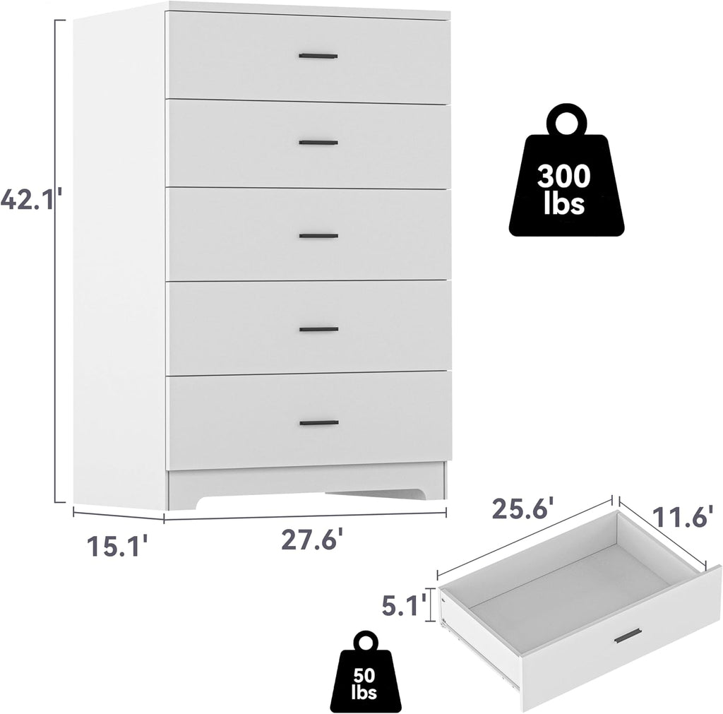 GEPELCN Dresser for Bedroom with Power Outlets Wood 5 Drawer Dresser with Large Storage Space White Chest of Drawers with Smooth Metal Rail Tall Storage Organizer for Bedroom Living Room Closet
