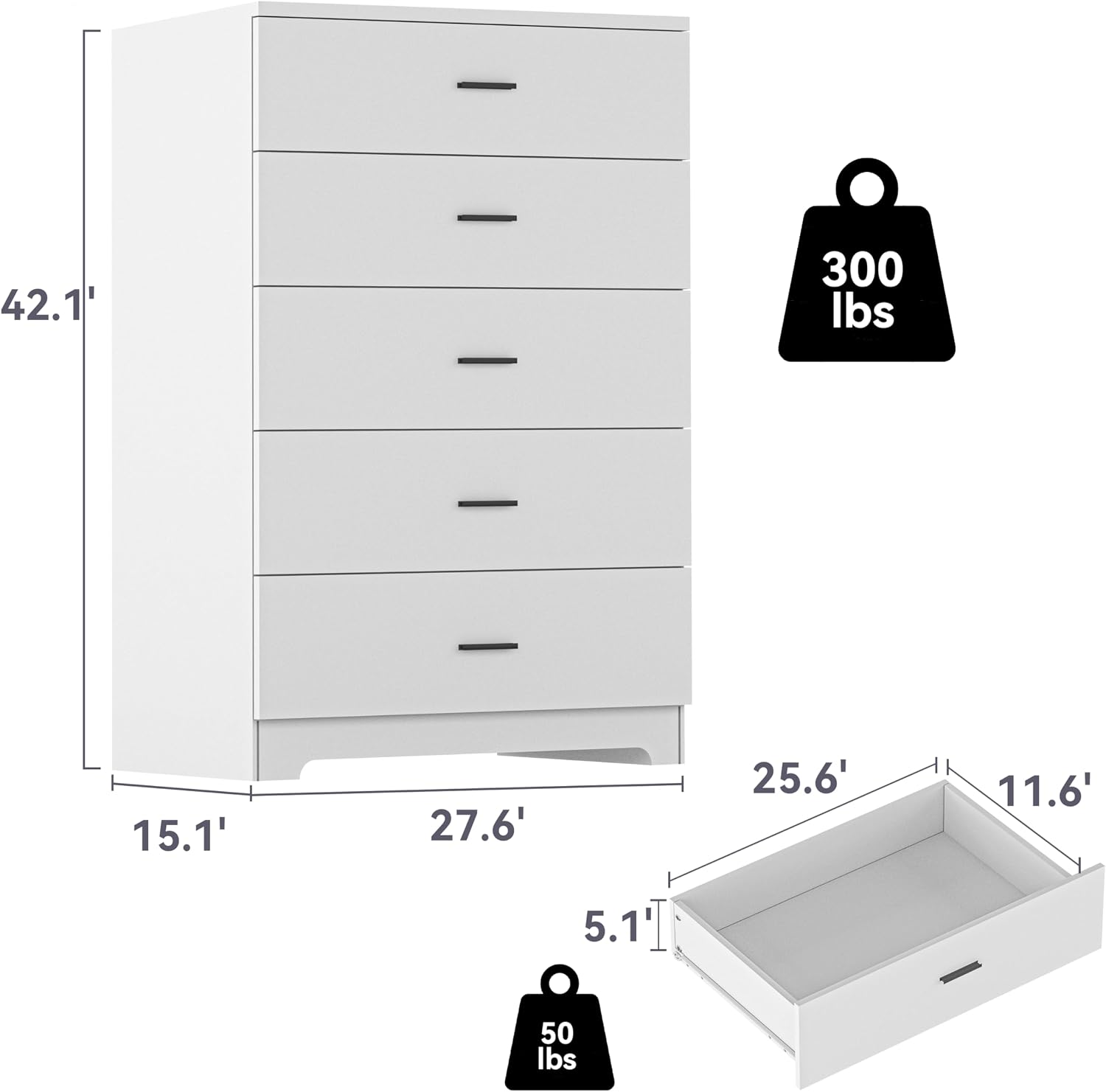 GEPELCN Dresser for Bedroom with Power Outlets Wood 5 Drawer Dresser with Large Storage Space White Chest of Drawers with Smooth Metal Rail Tall Storage Organizer for Bedroom Living Room Closet
