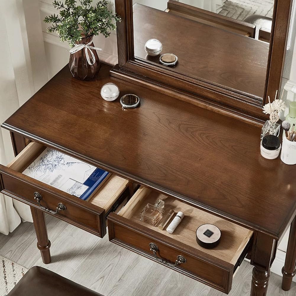 Vintage Vanity Desk with Mirror, Wooden Dressing Table Set for Bedroom with 2 Drawers, Cushioned Stool for Girls Women