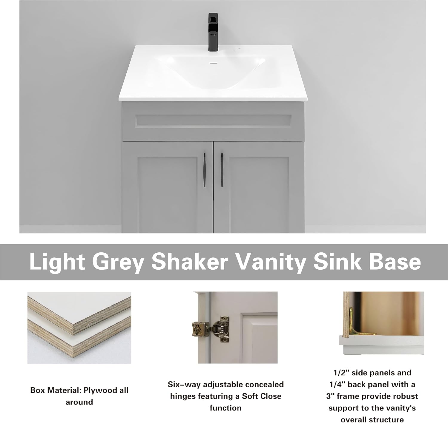 36' Light Grey Shaker Bathroom Vanity Base – Ready-to-Assemble Sink Cabinet, Freestanding Bathroom Vanity Base Only, No Top or Sink
