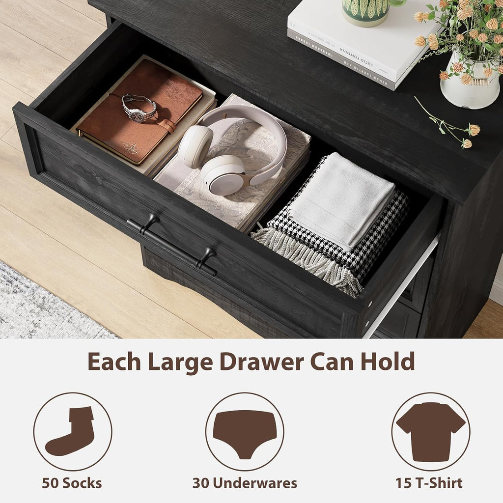 Black Dresser for Bedroom, Farmhouse 36' Tall 4 Drawer Chest with Sleek Brushed Metal Handles, Modern Wood Storage Cabinet with Unique Base Design, Closet Organizer for Bedroom, Living Room, Hallway