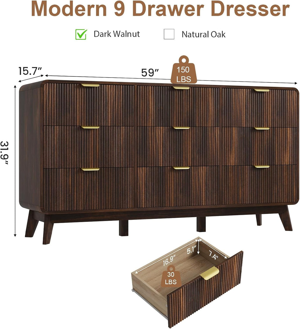 QUW Fluted 59.1' Wide Modern Dresser for Bedroom with 9 Drawers, Tall Chest of Drawers with Metal Handle, Wooden Dresser TV Stand, Hallway, Living Room, Dark Walnut