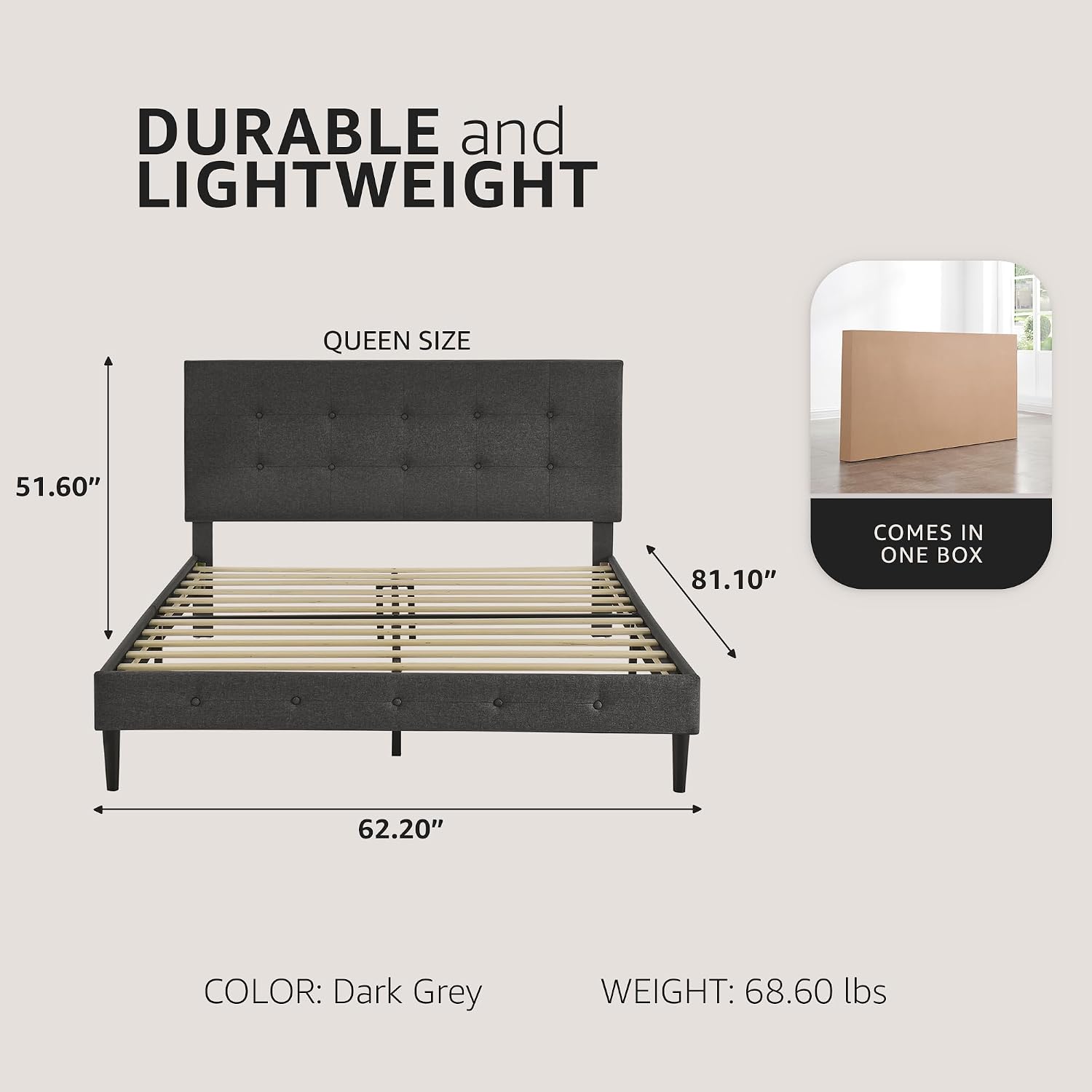 Decoro Cambridge Upholstered Wooden Platform Bed Frame, Queen Size, Dark Grey
