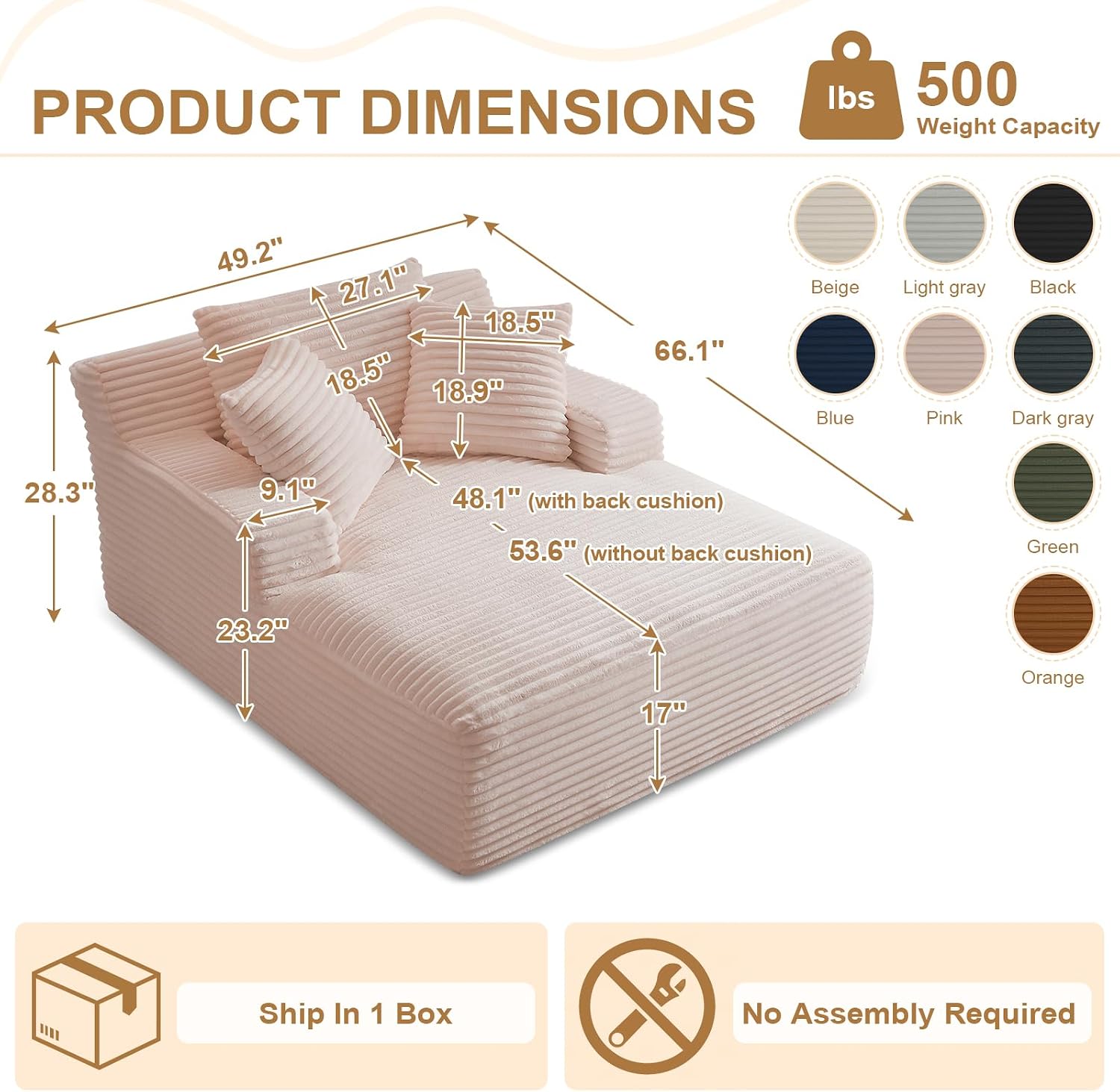 Oversized Chaise Lounge Chair Indoor, 66' Cloud Boneless Sleeper Couch Corduroy Upholstered Sofa Bed Deep Seat Comfy Reading Chair with 3 Pillows for Living Room Bedroom, Pink