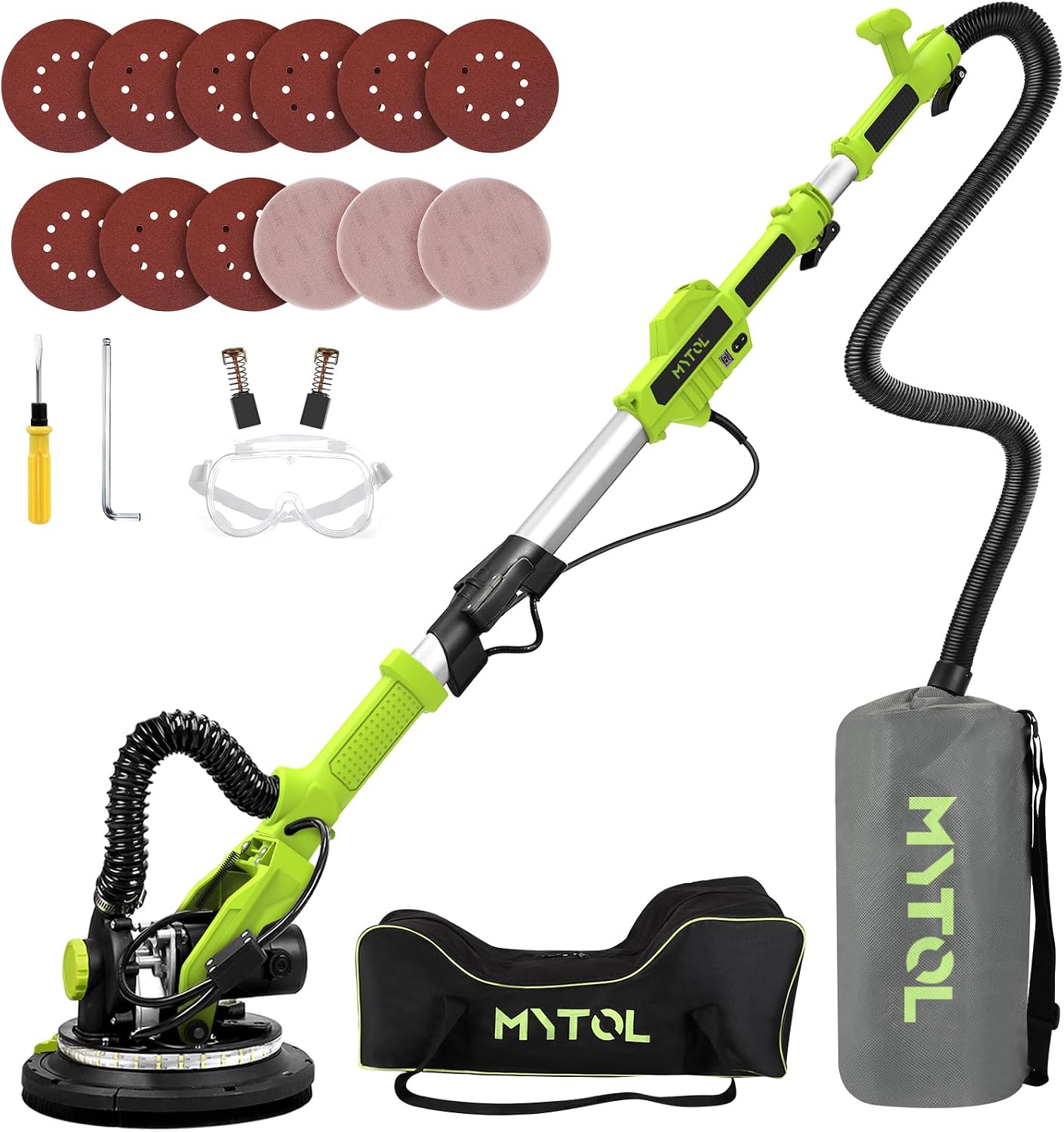 MYTOL Drywall Sander, 7.2A Electric Drywall Sander with Vacuum Dust Collection, 6 Variable Speed 900-1800RPM, LED Light, Foldable & Extendable Handle, 9 Pcs Sandpaper&3 Pcs Grid Sandpaper, Full Green