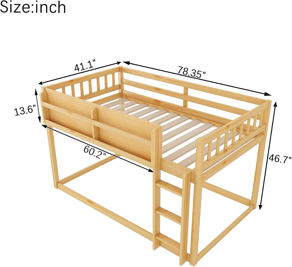 KEIKI Convertible Loft Bed Frame with Storage Shelf, Twin Over Twin Floor Bunk Bed with Ladder & Guardrails, Solid Kids Beds Frames for Boys Girls Bedroom, No Box Spring Needed, Easy Assembly, Brown