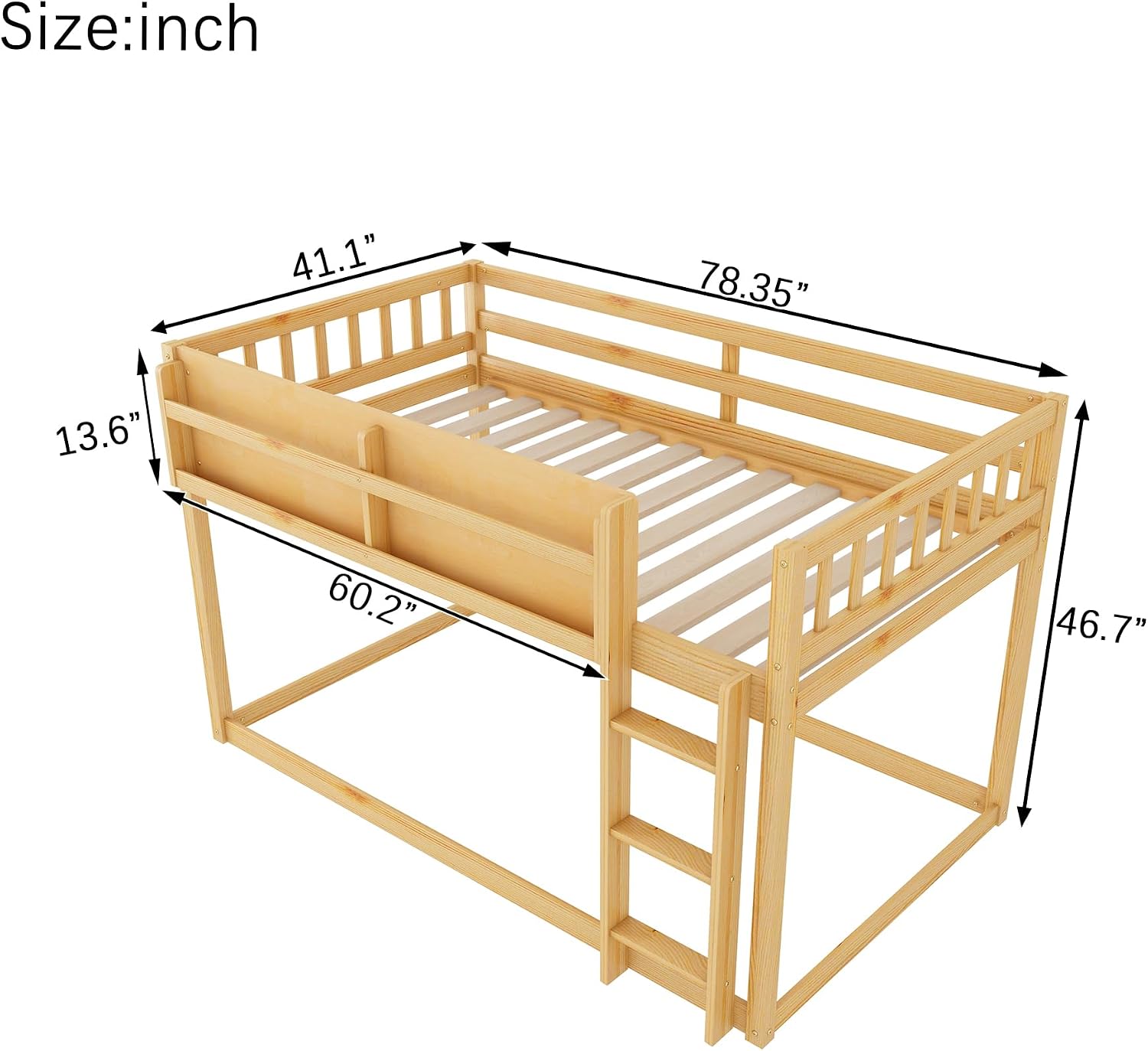 KEIKI Convertible Loft Bed Frame with Storage Shelf, Twin Over Twin Floor Bunk Bed with Ladder & Guardrails, Solid Kids Beds Frames for Boys Girls Bedroom, No Box Spring Needed, Easy Assembly, Brown